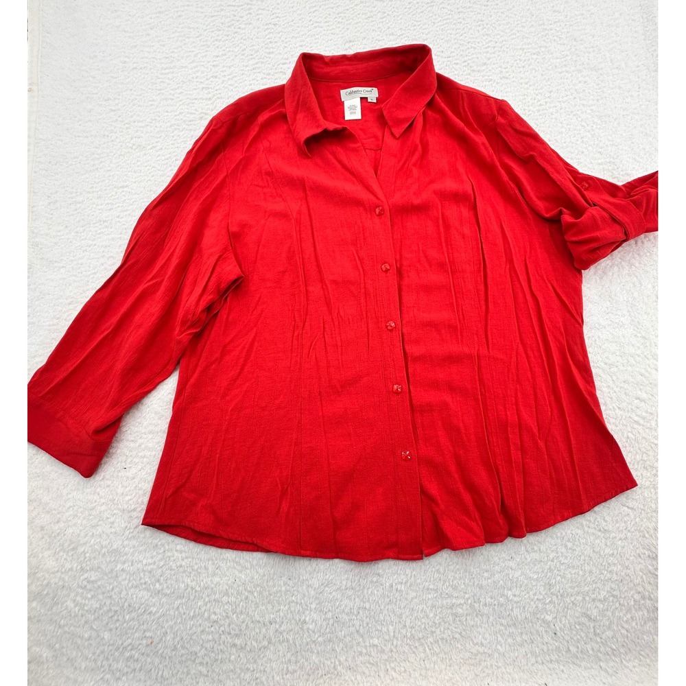 Coldwater Creek Red Button Front Roll Tab Sleeve Shirt XL Textured Rayon Blend